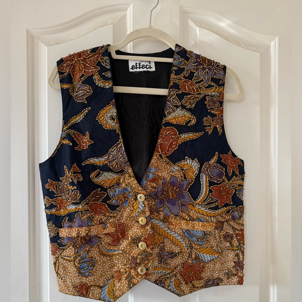 Navy and Gold Floral Button-Up Vest With Beading Detail